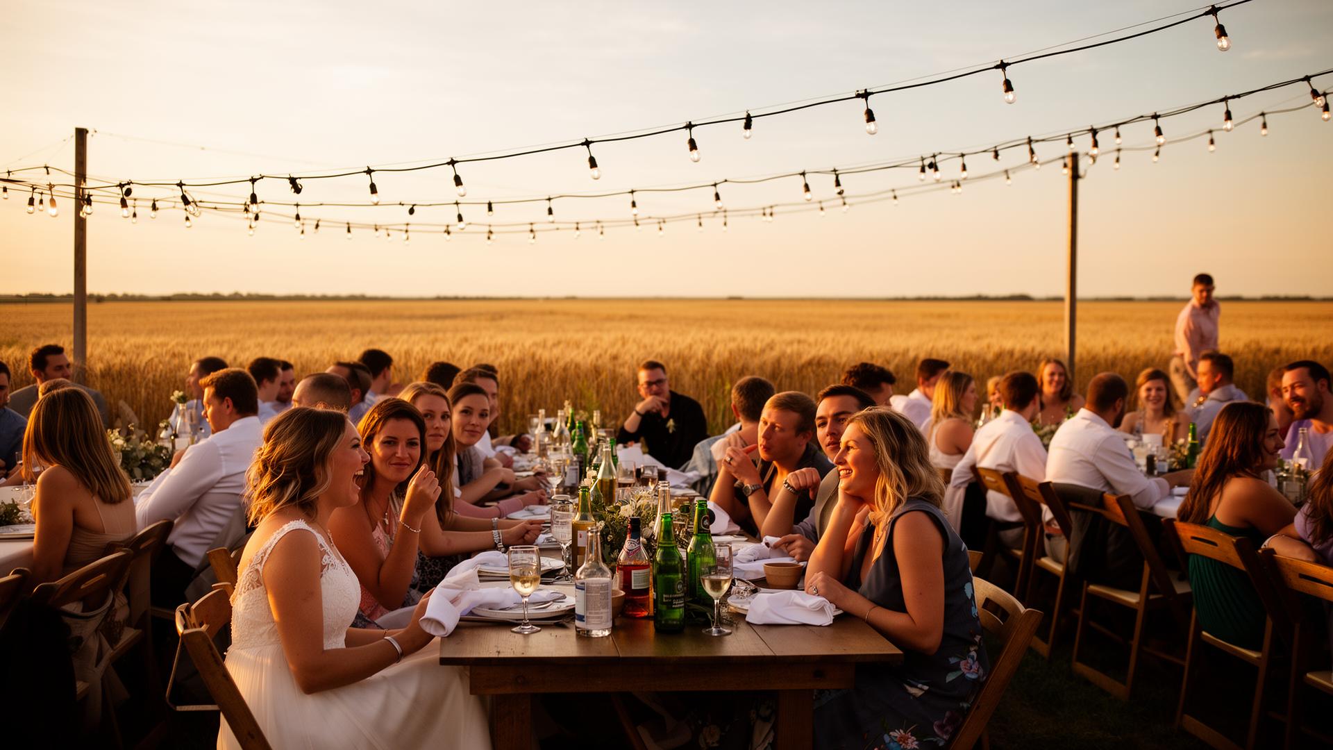 Rural Alberta wedding reception at sunset